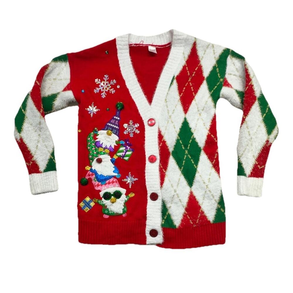 Ugly Christmas Sweater Cardigan Womens M Gnomes Button Down Red Green Button